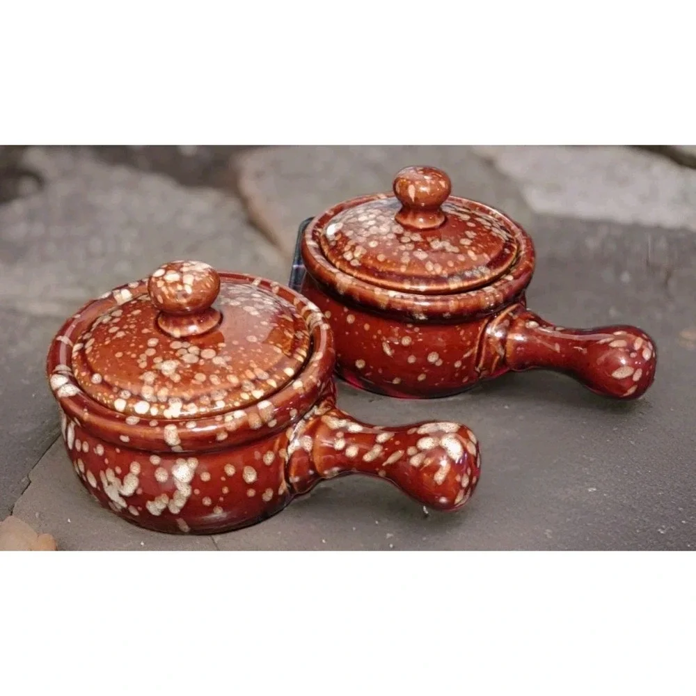 Vintage Brown Speckled Ceramic French Onion Soup Bowls with Lids Set of 2